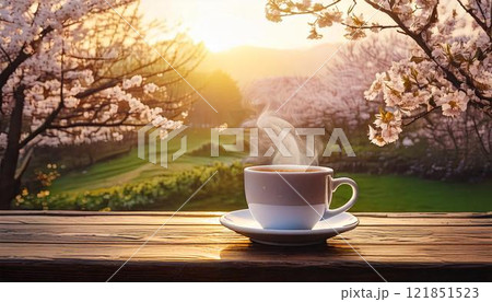 屋外の木製テーブルに置かれた、湯気の立つコーヒーと朝日に照らされた満開の桜風景  花見 121851523