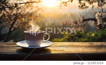 屋外の木製テーブルに置かれた、湯気の立つコーヒーと朝日に照らされた満開の桜風景  花見 121851524