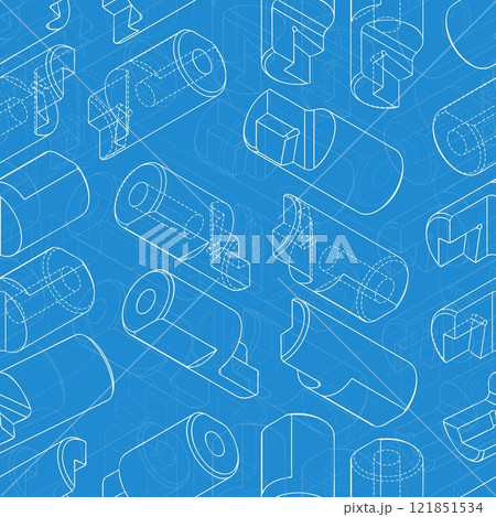 Mechanical engineering drawings on blue background. Cutter, assembly tool with replaceable multi-faceted plate. Technical Design. Cover. Blueprint. Vector illustration. 121851534