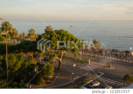 Cote d'Azur Nice, France. Aerial view of Nice, France golden hour. Waterfront and beach. Luxury resort of French riviera. Promenade des Anglais. 121851557