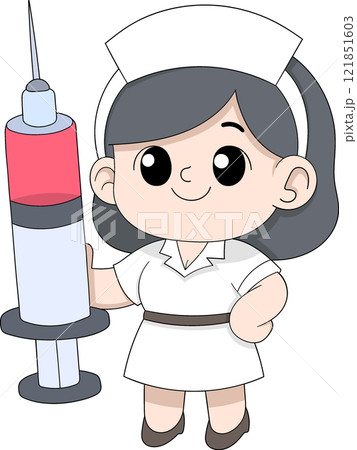 Cartoon Nurse Holding Giant Syringe for Vaccination Campaign Illustration Cartoon Nurse Holding Giant Syringe for Vaccination Campaign Illustration 121851603