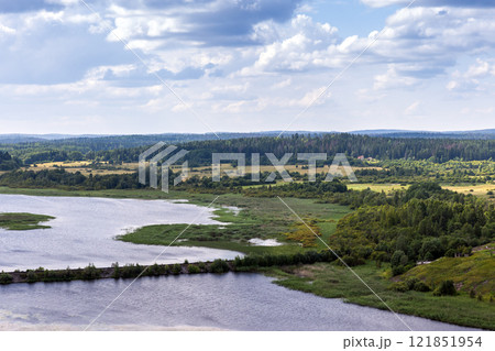 Summer mountain landscape with railway dam going over the lake 121851954