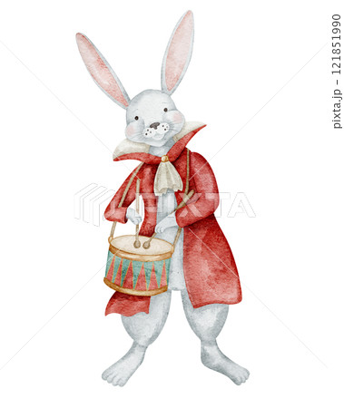 Watercolor illustration of white Bunny with drum in red coat. Drawing of vintage Rabbit in costume for childish greeting cards or baby invitations. Art of vintage circus character for kids design. 121851990