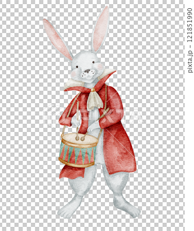 Watercolor illustration of white Bunny with drum in red coat. Drawing of vintage Rabbit in costume for childish greeting cards or baby invitations. Art of vintage circus character for kids design. 121851990