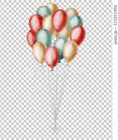 Vintage watercolor illustration of Bunch of colorful Balloons in red, green, and gold tones. Drawing of party or circus objects for children birthday greeting cards or circus themes invitations. 121851992