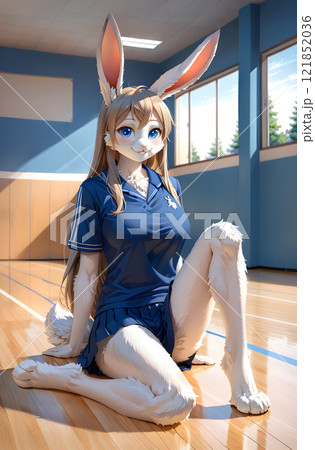 体育館の床に立て膝で座る体操着を着たうさぎ娘 121852036