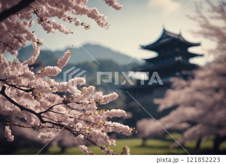 古城の風景に咲く桜 121852223