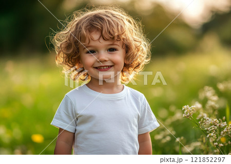 A cute smiling child stands full-length in a white t-shirt and jeans trousers against a fresh spring green background, radiating charm and youthful energy 121852297