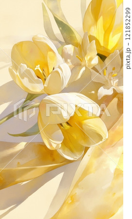 The golden sheen of the silk enhances the beauty of scattered yellow tulips, offering a cheerful and romantic concept for special occasions like Valentine's Day or International Women's Day, 121852299