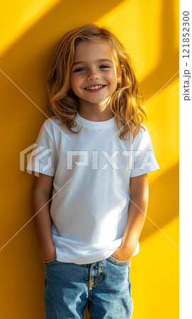 Cheerful child wearing a plain white t-shirt and trousers, standing full-length against a orange backdrop, exuding charm and youthful energy for mock-up designs 121852300