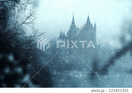 Snowfall scene with falling snowflakes, featuring a blurred background of a snow-covered Gothic castle in the distance 121852301