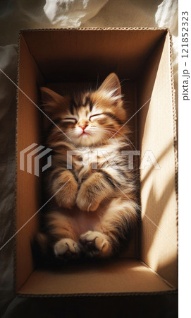 A peaceful, content kitten curled up in the corner of an empty box, its fluffy fur creating a contrast with the simple cardboard, capturing a tranquil, cozy moment of solitude 121852323