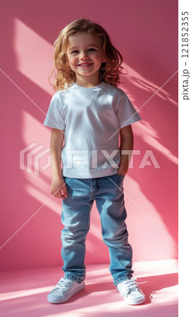 Cheerful child wearing a plain white t-shirt and trousers, standing full-length against a pastel pink backdrop, exuding charm and youthful energy for mock-up designs 121852355