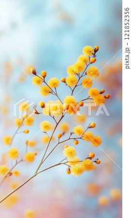 Majestic mimosa tree in peak bloom, adorned with abundant clusters of golden-yellow flowers, radiating elegance and beauty in a serene natural setting 121852356
