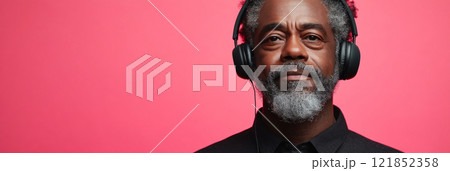 Afroamerican grandpa wearing headphones against a pastel pink background, mock-up, clean, simple, and elegant, banner 121852358