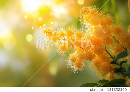 A blooming mimosa tree in full glory, its vibrant yellow flower clusters covering lush green branches, creating a radiant and cheerful natural display 121852360