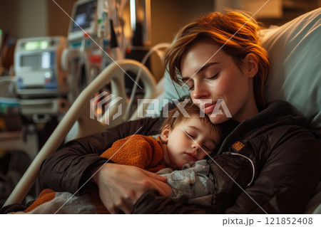 A tender hospital moment captures a mother cradling her baby in bed, their bond radiating warmth and serenity amidst softly lit medical surroundings 121852408