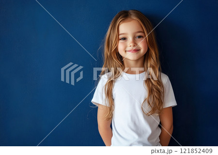 A cute smiling kid stands confidently in a white blank t-shirt and trousers against a vibrant blue background, radiating joy and playfulness, perfect for a clothing mock-up 121852409