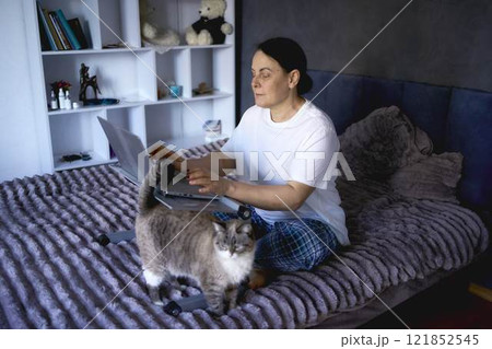 a  senior woman working from home on laptop 121852545