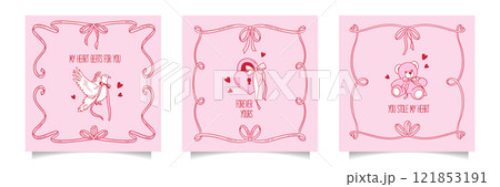 Coquette romantic greeting cards set. Happy Valentines Day covers with Coquettish girly doodle elements with bows and ribbons knot. Invitation abstract design in hand drawn contour style. Vector Coquette romantic greeting cards set. Happy Valentines Day covers with Coquettish girly doodle elements with bows and ribbons knot. Invitation abstract design in hand drawn contour style. Vector 121853191