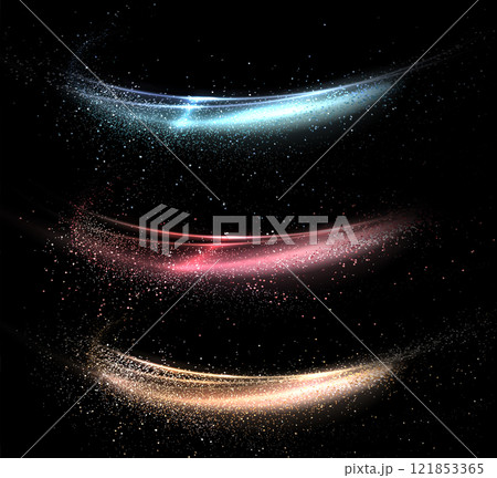 Set of isolated shiny ribbon with small tinsel on black background, design element Set of isolated shiny ribbon with small tinsel on black background, design element 121853365