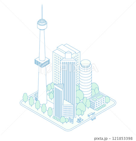 アイソメトリックの都市のイラスト。高層ビルと商業ビルが立ち並ぶ緑化された都会の風景。タワーのある観光 アイソメトリックの都市のイラスト。高層ビルと商業ビルが立ち並ぶ緑化された都会の風景。タワーのある観光 121853398