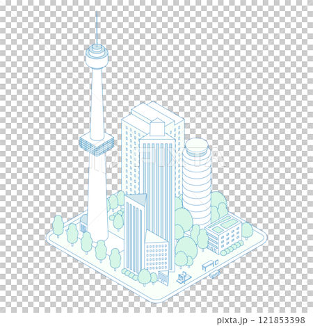 アイソメトリックの都市のイラスト。高層ビルと商業ビルが立ち並ぶ緑化された都会の風景。タワーのある観光 アイソメトリックの都市のイラスト。高層ビルと商業ビルが立ち並ぶ緑化された都会の風景。タワーのある観光 121853398