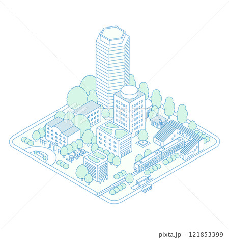 アイソメトリックの街のイラスト。電車が停まる駅と駅前の商業地区。 121853399