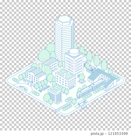 アイソメトリックの街のイラスト。電車が停まる駅と駅前の商業地区。 121853399