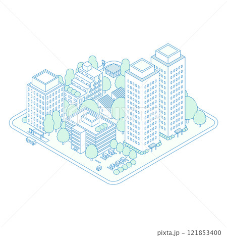 アイソメトリックの街のイラスト。アパートとタワーマンションが建つ住宅地。駐車場が隣接する建物。 アイソメトリックの街のイラスト。アパートとタワーマンションが建つ住宅地。駐車場が隣接する建物。 121853400