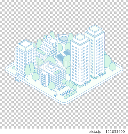 等距城市圖。擁有公寓和塔樓公寓的住宅區。大樓設有鄰近的停車場。 121853400