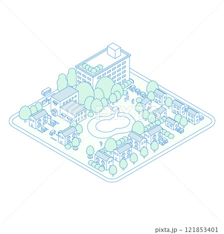 アイソメトリックの街のイラスト。大きな池のある公園とアパートが建つ住宅地。駐車場が隣接する建物。 121853401
