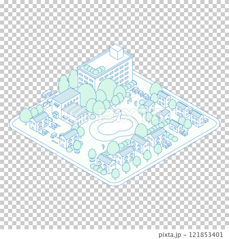 アイソメトリックの街のイラスト。大きな池のある公園とアパートが建つ住宅地。駐車場が隣接する建物。 121853401