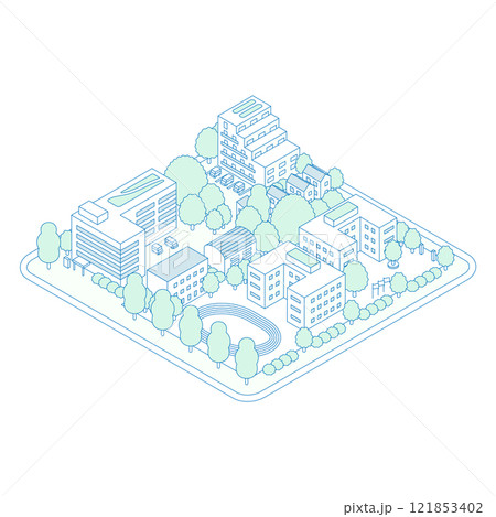 アイソメトリックの街のイラスト。体育館や陸上競技場のある学校と公園。病院や会社、アパートなどの住宅が 121853402