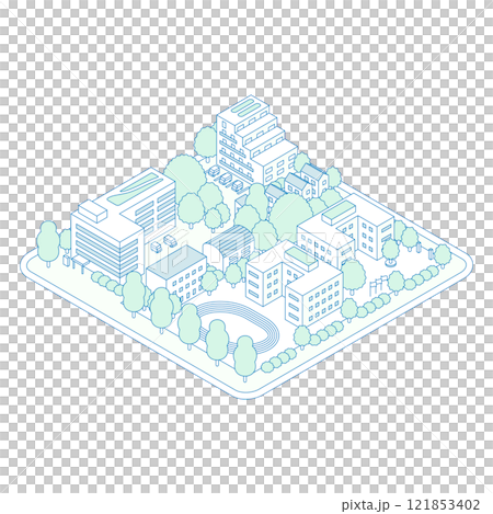 アイソメトリックの街のイラスト。体育館や陸上競技場のある学校と公園。病院や会社、アパートなどの住宅が 121853402