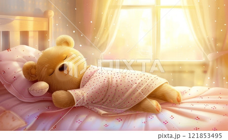 A Teddy Bear Peacefully Sleeping on a Cozy Bed During a Sunny Afternoon. Generative AI 121853495