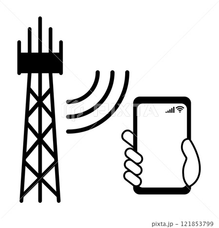 携帯電話基地局×スマホ　通信テクノロジーのピクトグラム　白背景 121853799