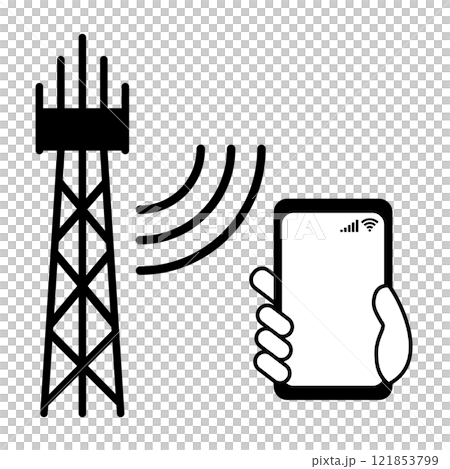 携帯電話基地局×スマホ　通信テクノロジーのピクトグラム　白背景 121853799