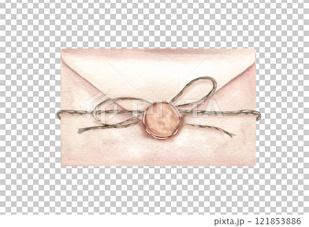 Beige rectangle mail envelope tied with jute and sealed with brown round wax watercolor hand painted illustration. Vintage close letter ready for sending with rope bow and stamp template 121853886
