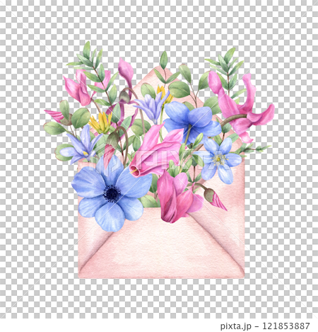 Spring flower bouquet in pink open envelope watercolor illustration. Blue anemone, pink cyclamen, yellow flowers, eucalyptus branch composition for Valentine day cards, invitation design, stationery 121853887