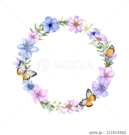 Watercolor spring flowers, eucalyptus branches, white orange butterflies wreath. Blue anemone, liverwort, pink cosmos flower frame for Valentine day cards, invitation design, stationery. Empty space 121853888
