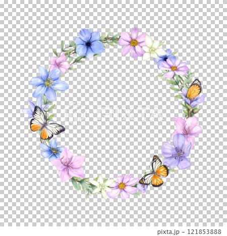 Watercolor spring flowers, eucalyptus branches, white orange butterflies wreath. Blue anemone, liverwort, pink cosmos flower frame for Valentine day cards, invitation design, stationery. Empty space 121853888