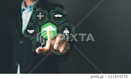 hand touch hologram to save energy,and reduce global warming,climate change,ecology friendly investment,ESG environment social governance,Green Business Innovation and Sustainable Development concept. 121854276