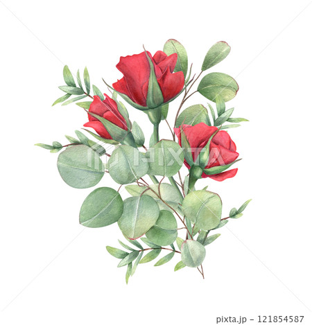 watercolor red rose flower, eucalyptus branch bouquet illustration isolated background. Blooming garden plant with green leaves. For birthday greeting cards, invitation design, wedding, memorial day. 121854587