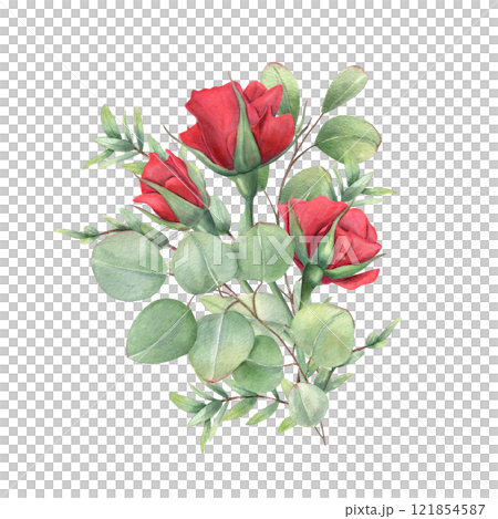 watercolor red rose flower, eucalyptus branch bouquet illustration isolated background. Blooming garden plant with green leaves. For birthday greeting cards, invitation design, wedding, memorial day. 121854587