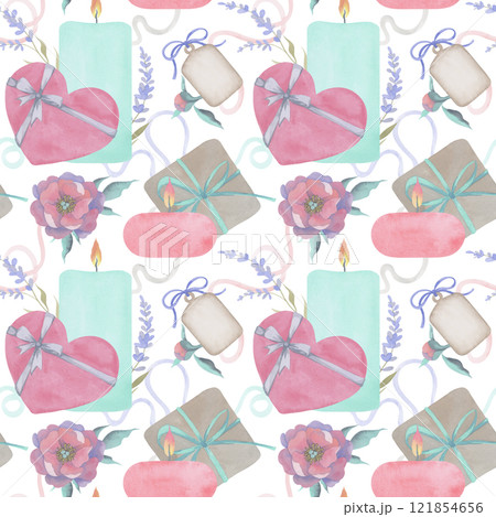 Watercolor seamless pattern for Valentine’s Day. Hand drawn illustration with candle, gift boxes, gifttag, peony, lavender, and ribbons. Vintage style. Ideal solution for gift wrapping 121854656