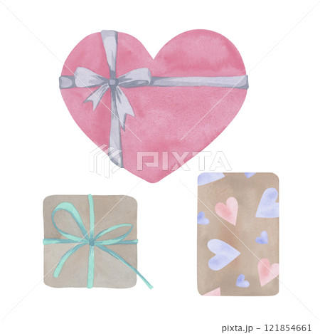 Set of watercolor Valentine's Day gift boxes. Hand drawn illustrations. Heart shaped box. Isolated elements for design. Vintage style. Muted colors 121854661