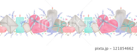 Watercolor seamless border for Valentine's day. Hand drawn illustration of candles, gift boxes, envelope and lavender sprigs. Muted tones. Vintage style Watercolor seamless border for Valentine's day. Hand drawn illustration of candles, gift boxes, envelope and lavender sprigs. Muted tones. Vintage style 121854662