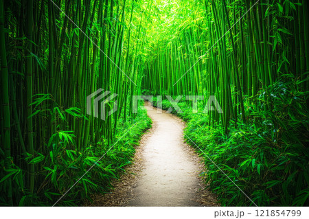 An illustration depicts a winding narrow trail disappearing into a vibrant bamboo forest, inviting exploration and offering a sense of tranquil solitude amid lush greenery An illustration depicts a winding narrow trail disappearing into a vibrant bamboo forest, inviting exploration and offering a sense of tranquil solitude amid lush greenery 121854799