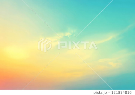 A smooth, blurred gradient flows from light pink to baby blue, yellow, and green. The pastel colors create a serene, dreamy feel with a soft, airy effect 121854816